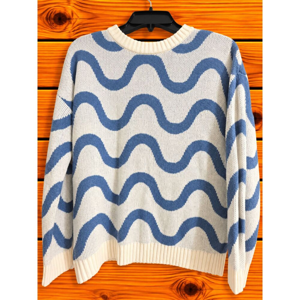 Just Polly New York Wavy Stripe Knit Sweater Blue White Wave Crewneck Pullover S